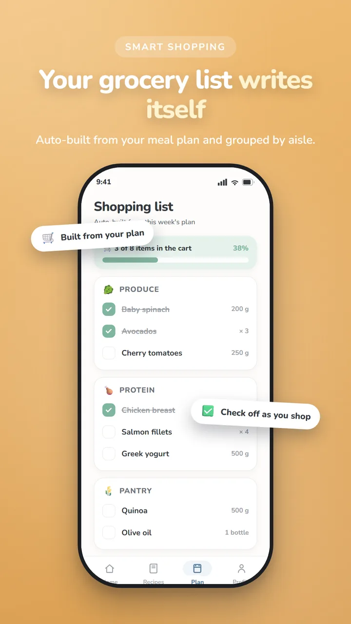 Mealique app screenshot: Smart grocery list